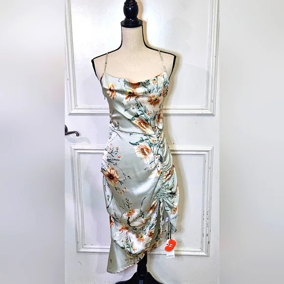 Cider Green Satin Multicolor Floral  Asymmetrical Midi Slip Dress,Medium,NWT - Picture 9 of 16